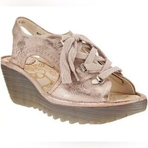 Fly London Yifa Metallic Silver Gold Open Toe Platform Wedge Sandals Y2K Size 8